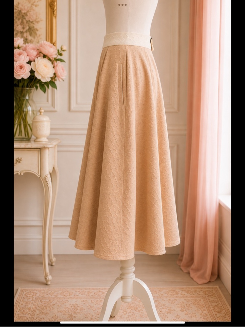 Soft Balletcore Textured Circle Skirt | Blush & Ivory Full Midi Skirt Pockets XS - Picture 4 of 16